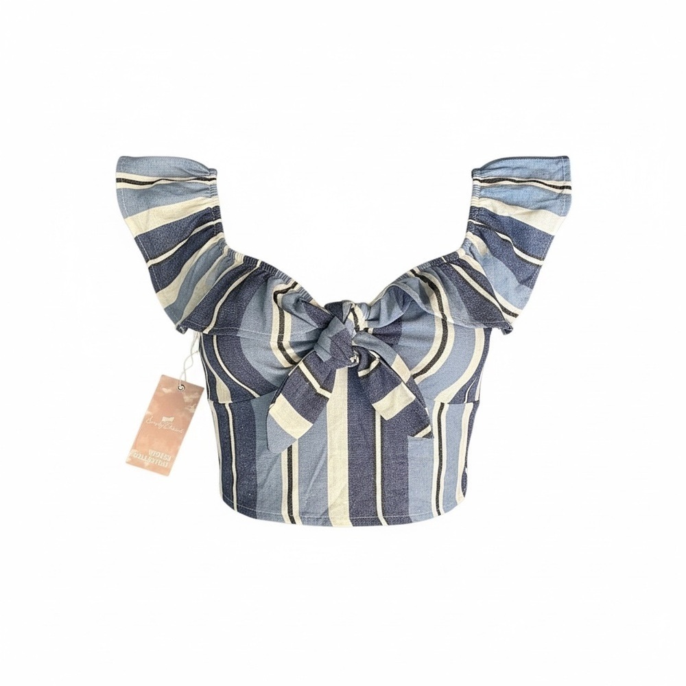 SIMPLY BLESSED S Denim Linen Cropped Striped Smocked Top Bow Tie Front R $65 NWT - Picture 2 of 13